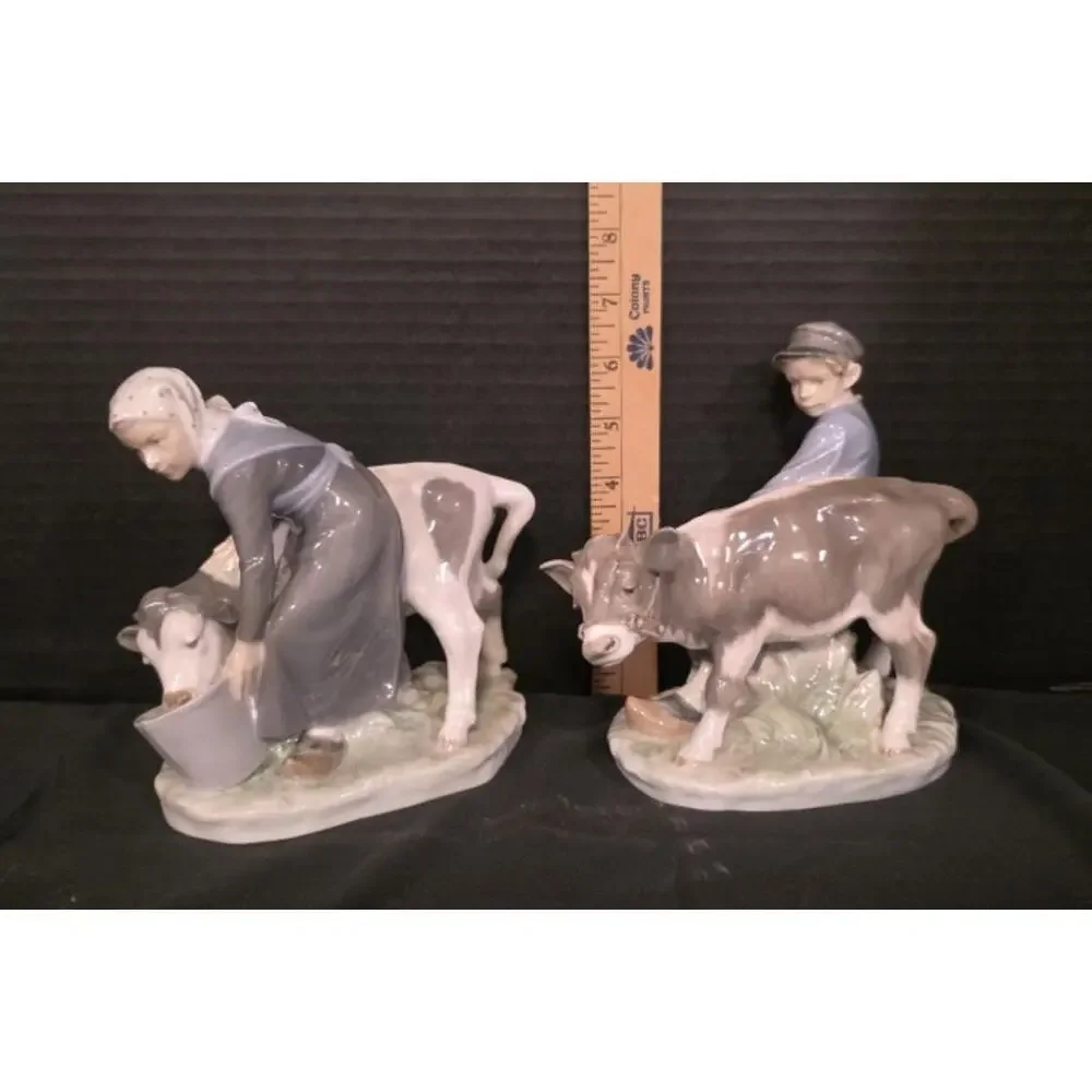 Royal Copenhagen farm girl and boy tending cows Figures c.1950 6.5